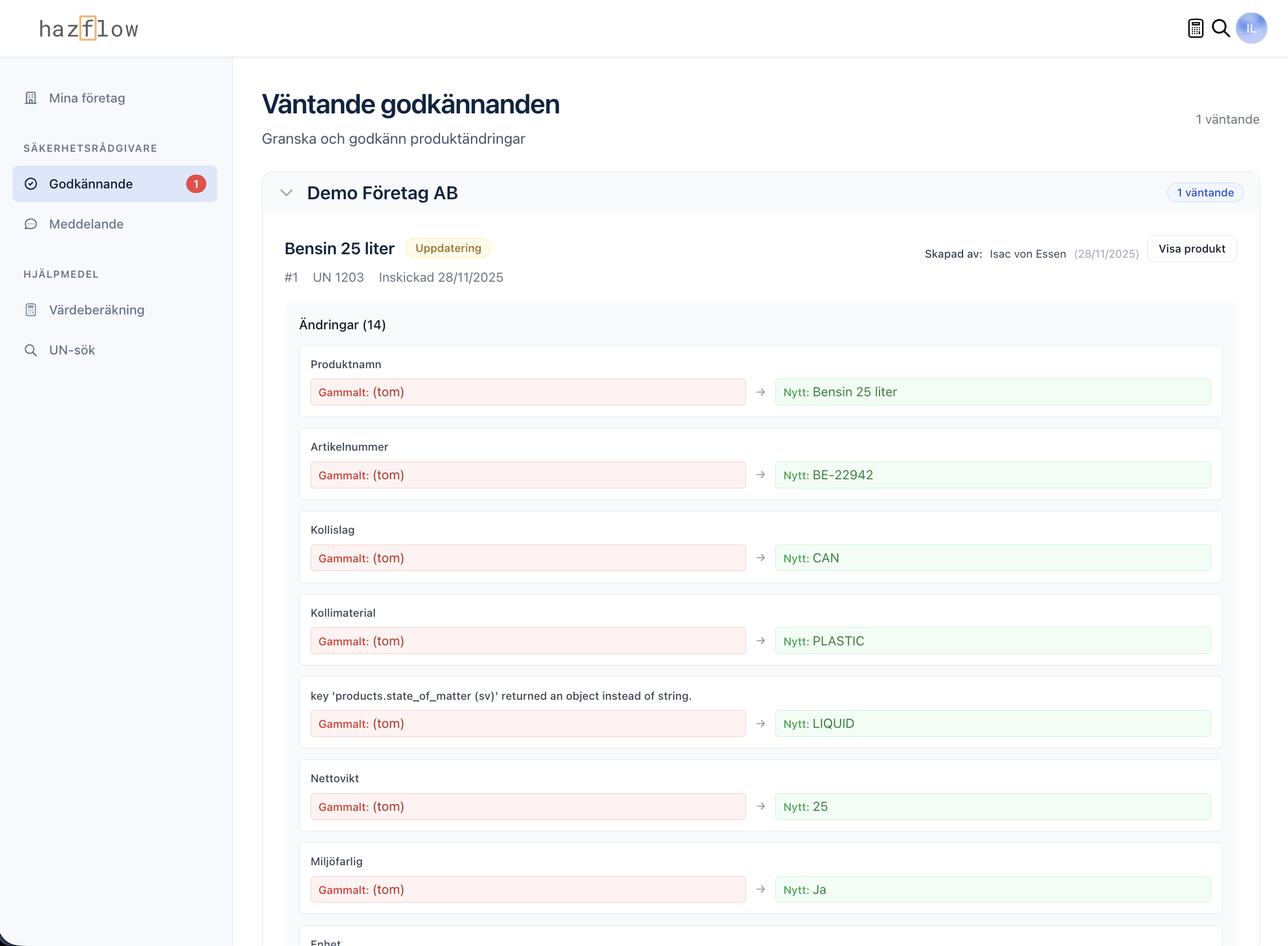 Godkännandepanel med produktändringar